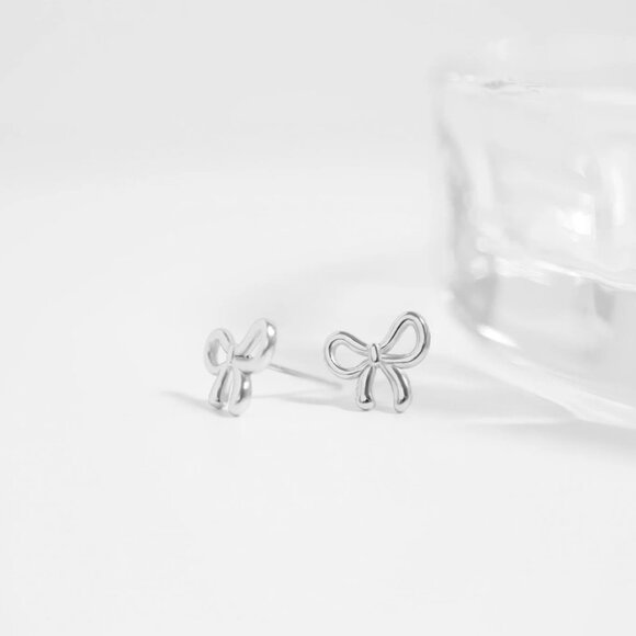 Silver Trendy Dainty Bow Stud Earrings - Waterproof, Nickel-free, Tarnish-free - Picture 3 of 3